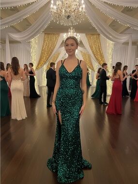 Jessica Angel Sequin V-Neck Prom Gown with Thigh Slit